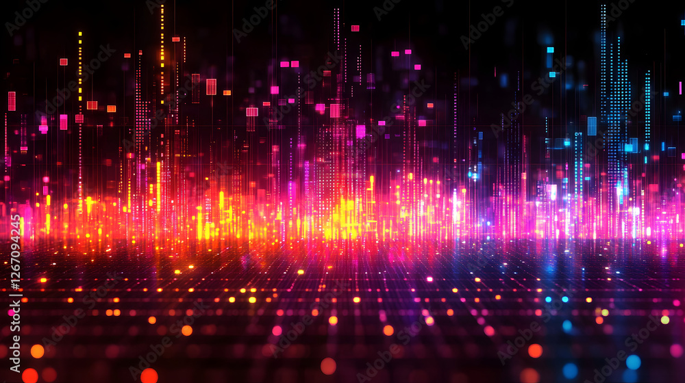 Poster illuminating digital symphony: a vibrant digital landscape pulses with energy, a radiant display of 