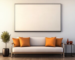 Modern Living Room with White Sofa and Orange Cushions, Minimalistic Decor and Blank Canvas Wall Art