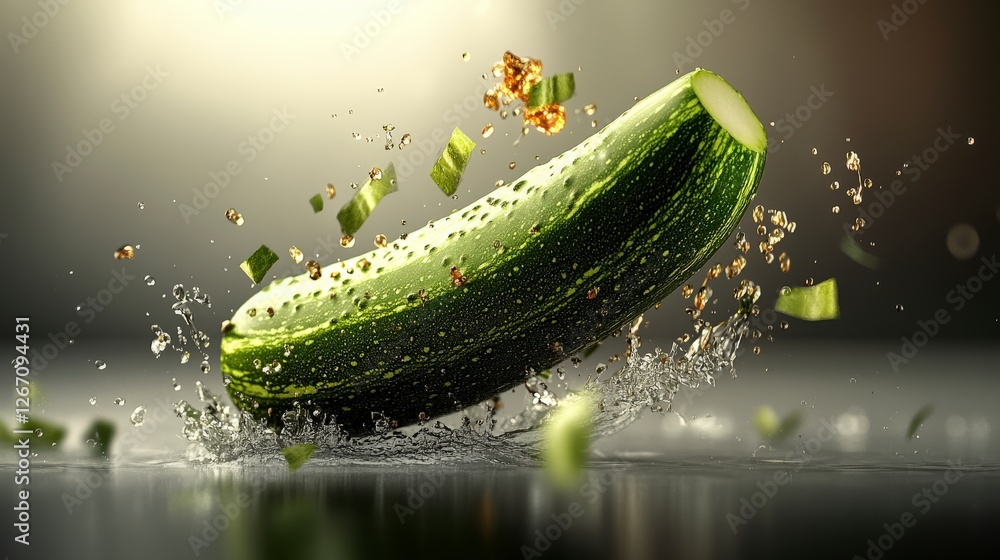 Poster fresh green cucumber splashing in water with droplets and slices surrounding it