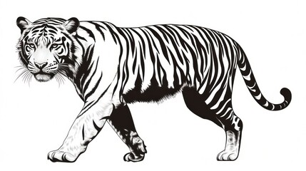 Fototapeta premium Walking tiger, white background, wildlife illustration, zoology, education