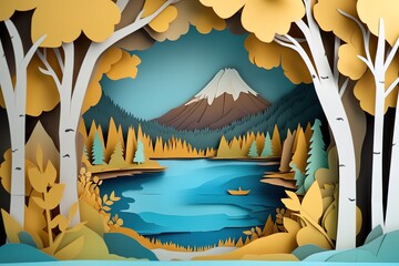 Colorful Paper Cut Mountain Lake Scene