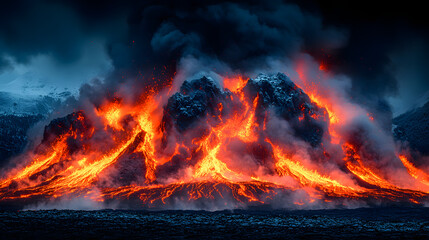 Fiery Fury: The image captures the raw, untamed power of nature as molten lava erupts from a mountain, painting the scene in hues of fiery orange and deep blacks.