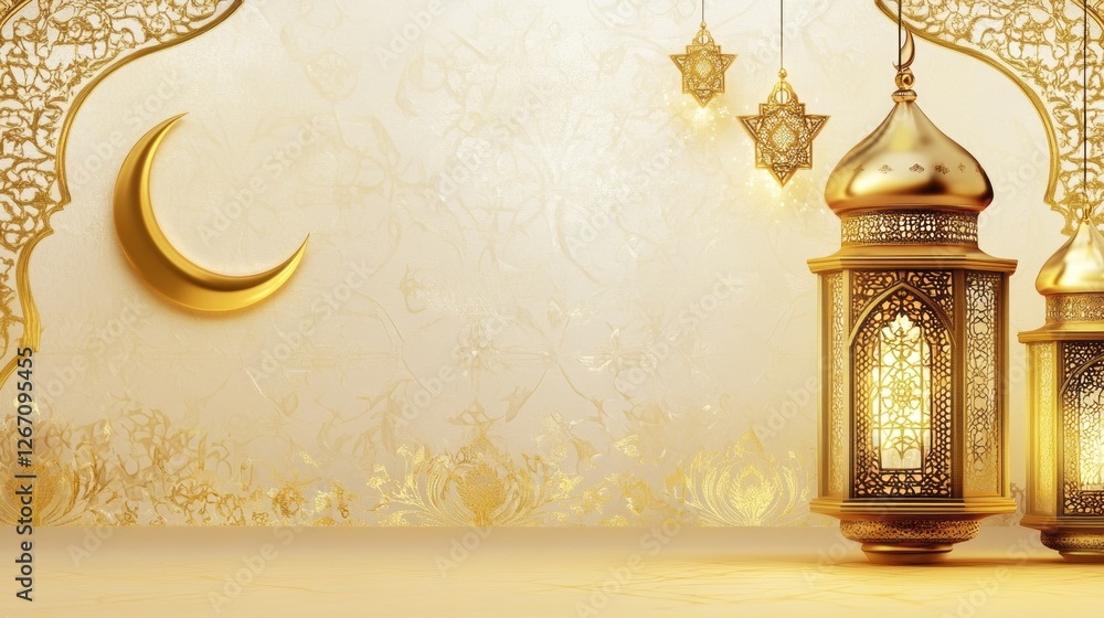 Poster richly adorned backdrop showcases golden lanterns and a shimmering crescent moon, creating an inviti