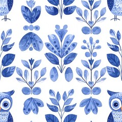 Fototapeta premium Watercolor illustration of seamless boho animals. A vibrant blue floral and owl pattern on a white background, showcasing artistic, whimsical designs.