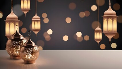 A luxurious bronze and soft gold bokeh background with softly glowing Ramadan lantern lights fading into the night4