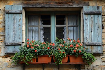 Charming rustic window with blue shutters adorned by vibrant red flowers in pots