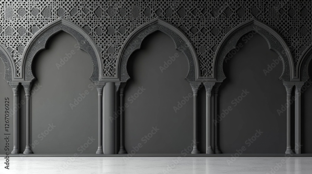 Poster within the serene atmosphere of a mosque, elegant gray arches create an impressive backdrop. intrica