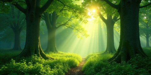 Naklejka premium Sunlight filtering through trees in an enchanted forest, green, light, nature