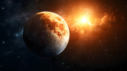 Fototapeta premium Celestial Symphony: A vibrant cosmic vista unfolds, where a majestic, textured planet dances in the embrace of a radiant star, a spectacle of light and shadow.