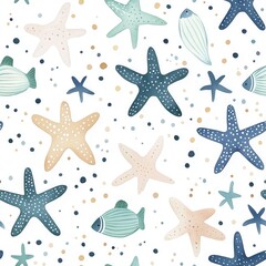 Watercolor illustration of seamless boho animals. A whimsical design featuring colorful starfish, fish, and seashells on a white background, perfect for beach-themed decor or textiles.