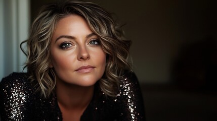 Glamorous Blonde Woman Portrait with Sparkle Jacket in Natural Lighting