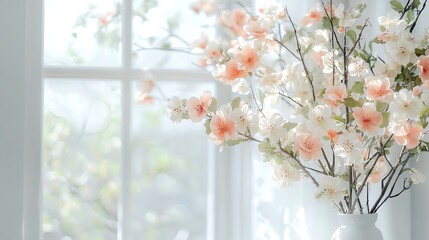 Soft pastel blossoms in sunlight, placed in a white vase by a window, evoking a serene and refreshing atmosphere.