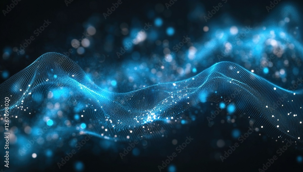 Poster abstract blue particle waves flowing seamlessly across the screen, digital data visualization in mot