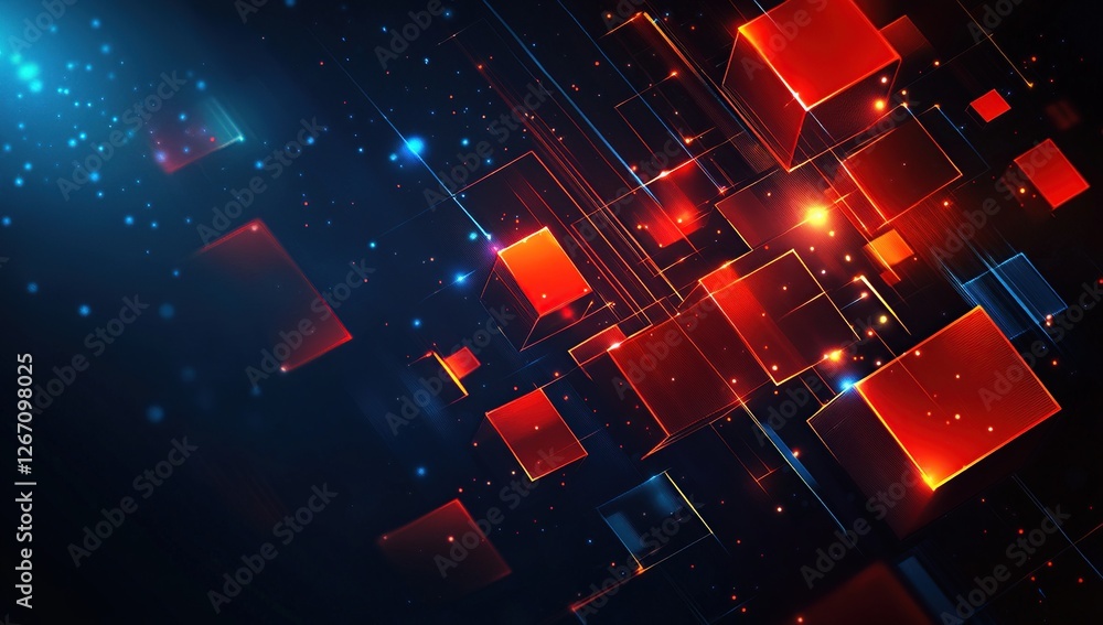 Poster abstract glowing cubes intersect dynamically in vivid red and blue, creating an energetic digital ar