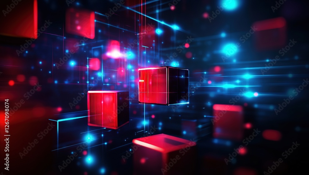 Poster abstract red and blue cubes flowing in digital network, futuristic technology background with glowin