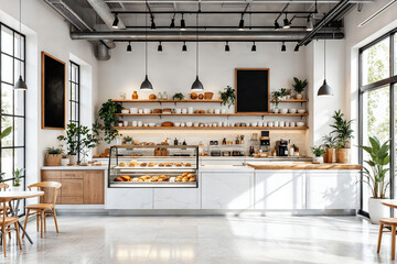 Contemporary bakery interior featuring minimalist design, natural light, and inviting atmosphere ideal for enjoying fresh pastries