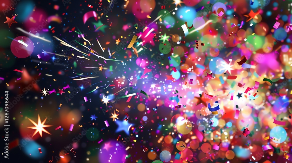 Poster a colorful abstract background of confetti and bokeh lights.