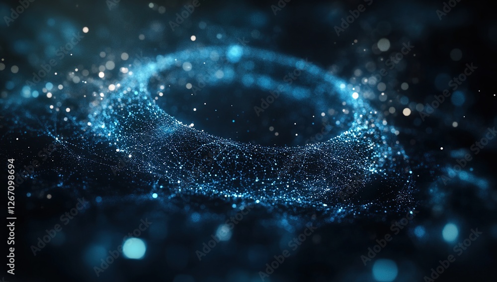 Poster abstract blue particle waves flowing dynamically in a dark space, creating a mesmerizing visual expe