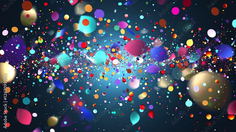 Poster abstract background with a colorful explosion of confetti and bokeh lights on a dark blue background