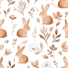 Watercolor illustration of seamless boho animals. A whimsical pattern featuring cute rabbits and delicate foliage in soft, neutral tones on a light background.