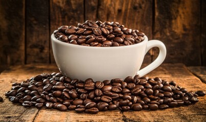 Naklejka premium A white cup overflowing with roasted coffee beans on a rustic wooden table background