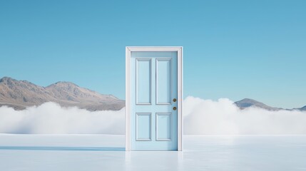 Surreal scene with a solitary door on clouds against mountains, blending imagination and nature.