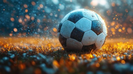 Fototapeta premium Soccer Ball in the Rain: A Captivating Image of a Wet Soccer Ball on a Grassy Field, Illuminated by Golden Light.