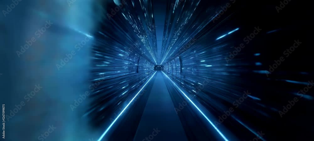 Poster Server data center room corridor with speed motion effect. Hardware computing infrastructure system. Generative video AI technology.	

