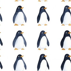 Obraz premium Watercolor illustration of seamless boho animals. A playful pattern featuring cute penguins on a white background, ideal for children's decor or apparel.