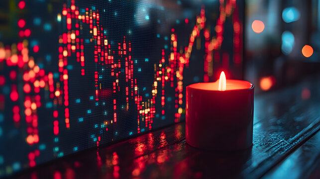 Candlelit Market: A close-up of a glowing candle with the ominous backdrop of a market chart, portraying financial uncertainty and market fluctuations - Powered by Adobe