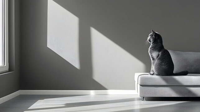 Cat Contemplating Sunlight: A sleek grey cat sits poised on a modern sofa, bathed in the geometric patterns of sunlight streaming through a window. - Powered by Adobe