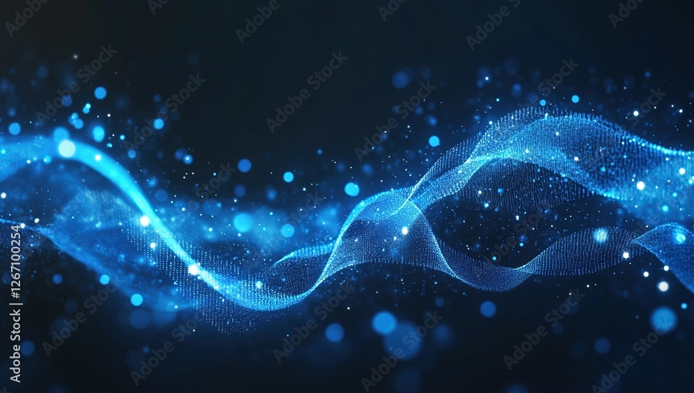 Poster abstract blue particle waves flowing dynamically across screen, creating a mesmerizing visual experi