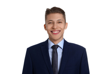 Handsome young man in suit on white background