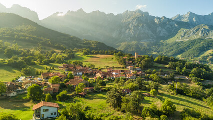 Aerial view of the Mogrovejo medieval village in Cantabria, northern Spain.
