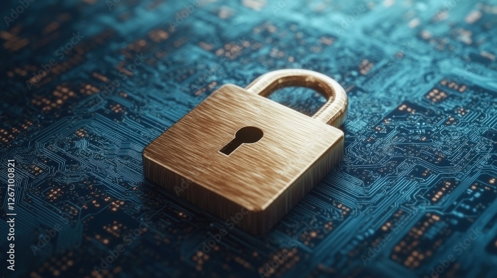 Poster digital padlock on circuit board representing cybersecurity and data protection technology concepts
