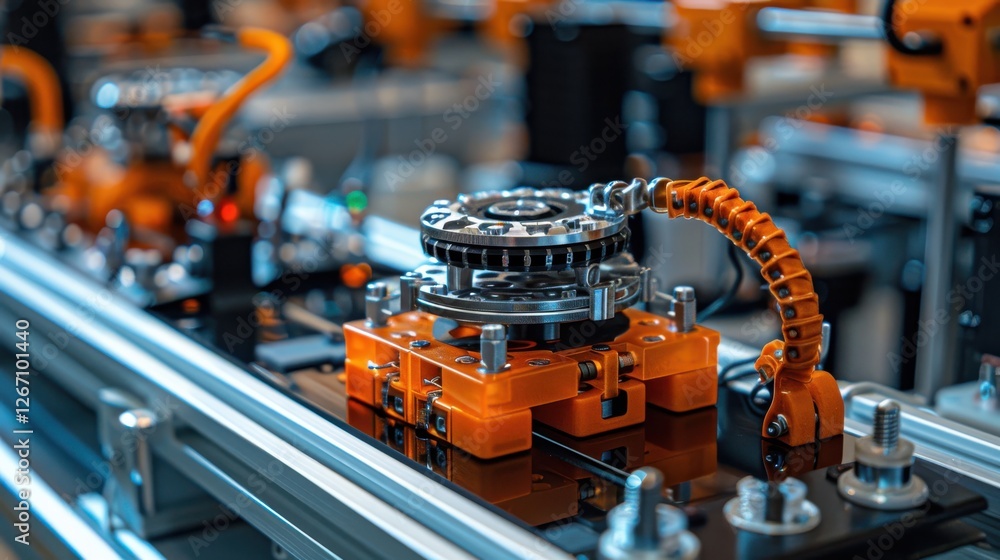 Poster high-tech precision machinery in upscale industrial setting with modern equipment and advanced robot