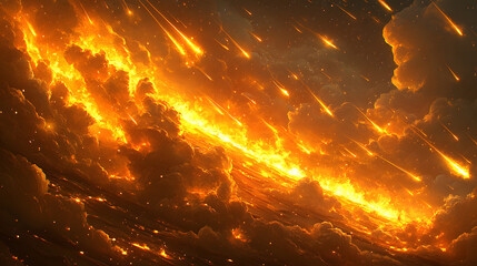 Apocalyptic Skies: A dramatic depiction of fiery celestial bodies streaking across a turbulent sky, painting a scene of celestial chaos and end-of-days atmosphere. 