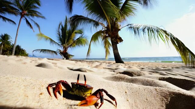 Un  crabe qui se d&eacute;place su une plage tropicale, ciel bleu, palmiers,  sable, amusant , l&eacute;ger traveling lat&eacute;ral