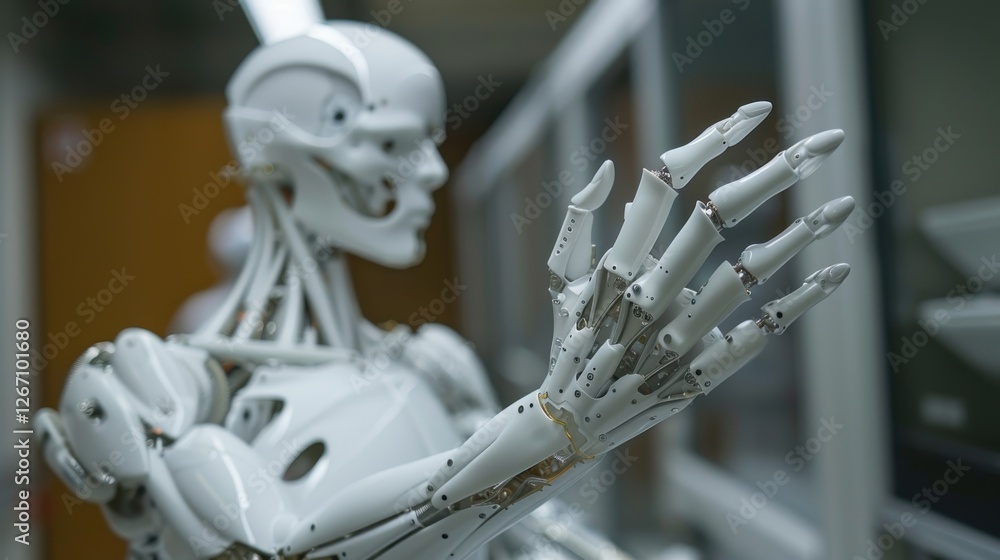 Poster advanced robotic hand model showcasing precision engineering in a modern industry setting