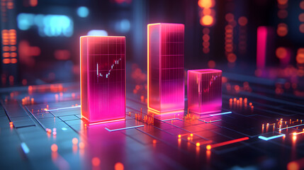 Vibrant Data Visualization: The glowing 3D bars depicting financial growth. Infused with a high-tech atmosphere