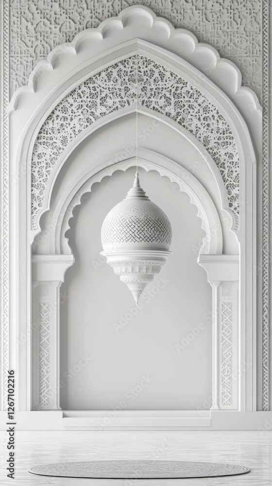 Poster soft light filters through the elegantly carved archways of a mosque