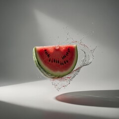 A floating watermelon slice with realistic shadows, appearing to hover over a white surface.