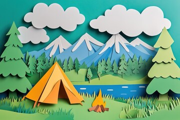 Colorful Paper Cutout Mountain Camping Scene