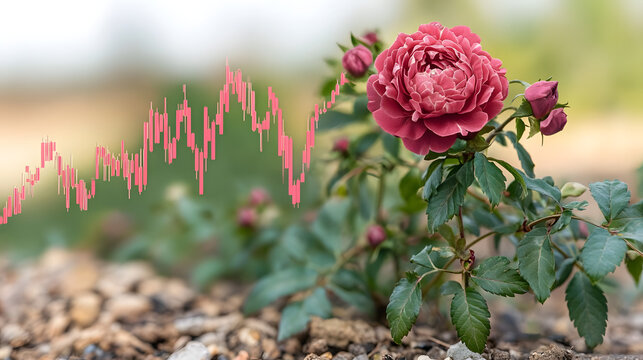 Blooming Investment: A vibrant, full-bloom rose contrasts with a financial graph overlay, symbolizing growth, potential, and the delicate balance of investment in a visually engaging composition.