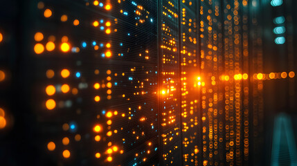 Naklejka premium Illuminated Data: Server racks glow with data, reflecting the complexities of information storage. Orange and yellow lights create a dynamic pattern.