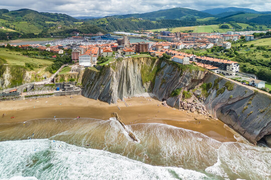 Aerial view of the beautiful Itzurun beach, Zumaia town, Basque country, Spain