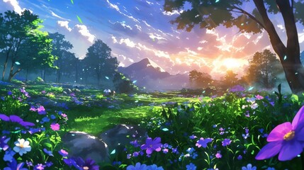 Obraz premium A serene landscape filled with vibrant flowers, lush greenery, and a stunning sunset illuminating the sky and mountains in the background.