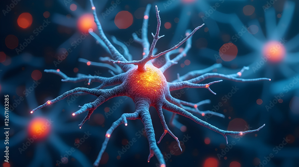 Poster neuron cell illustration: 3d render of brain cells, neural network, synapse, and brain activity for 