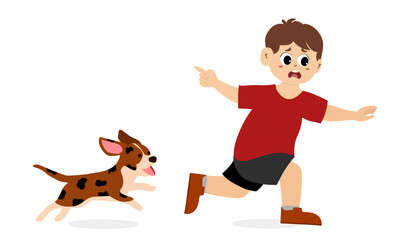 little kid chased by dog. Cute little kid running scared chased by barking dog