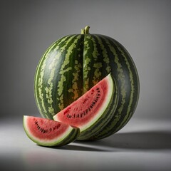 A whole watermelon with a green striped rind, isolated on a clear background.
